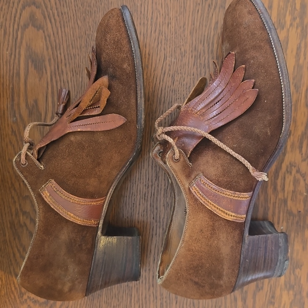 Authentic Vintage Women's 1920s Suede & Leather Fringe Tassel Block Heel Shoes - Picture 14 of 14